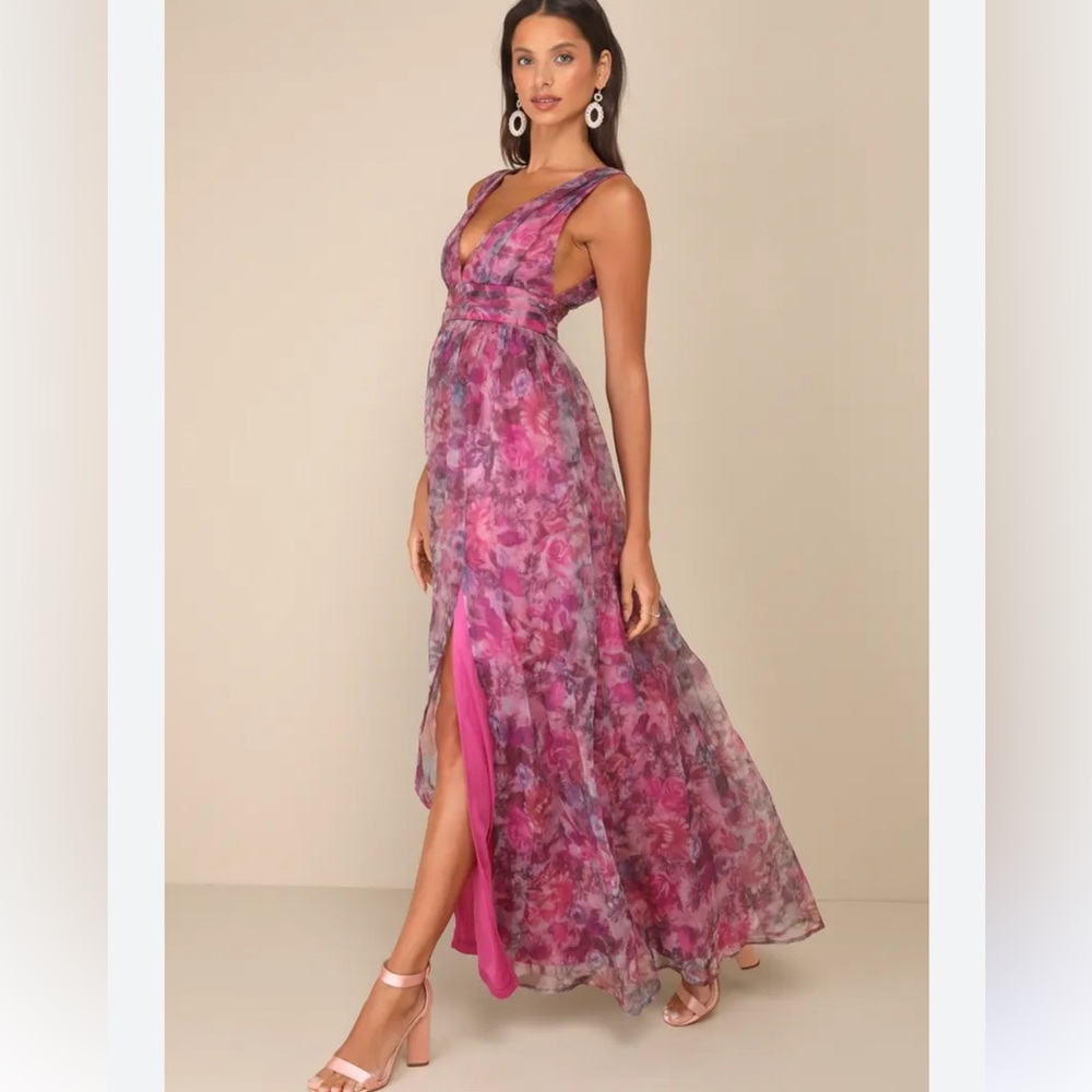 Lulus Women's Garden Romance Magenta Floral Organza Maxi Dress NWT